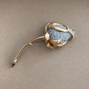 Vintage Rhinestone Goldtone Rose Brooch
